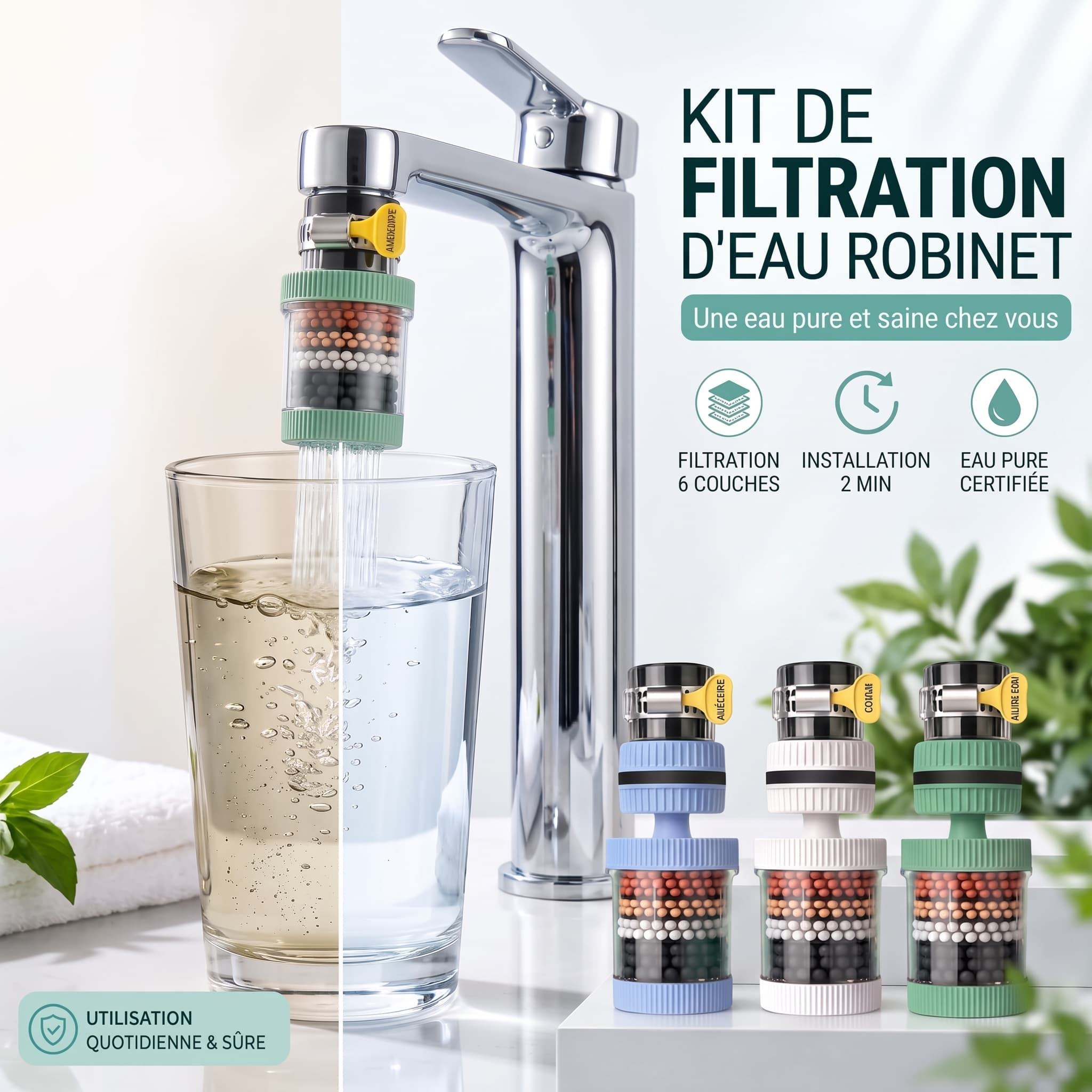 Purificateur d'Eau pour Robinet 6 Couches OyaMarket™ (Charbon Actif de Coco, Zéolite & Minéraux Naturels)